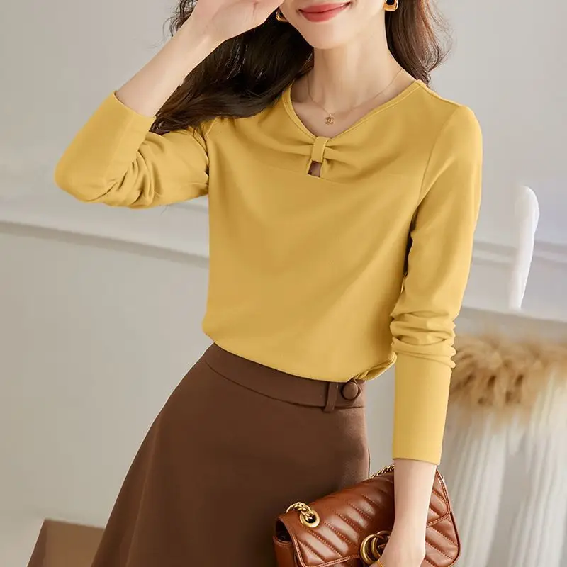 Women V-Neck T-Shirt Black 2022 Winter Long Sleeve - Image 2