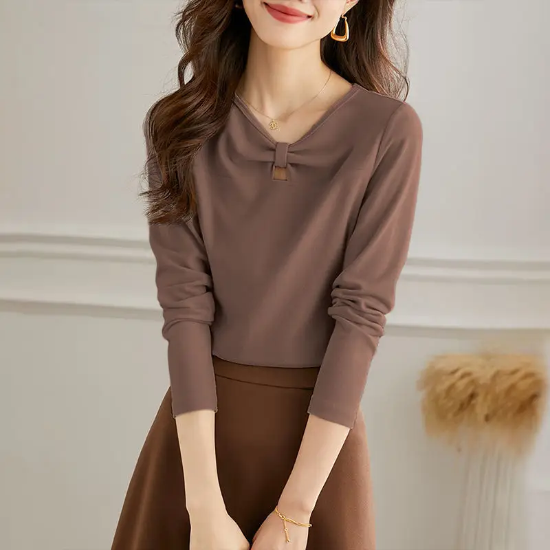 Women V-Neck T-Shirt Black 2022 Winter Long Sleeve - Image 3