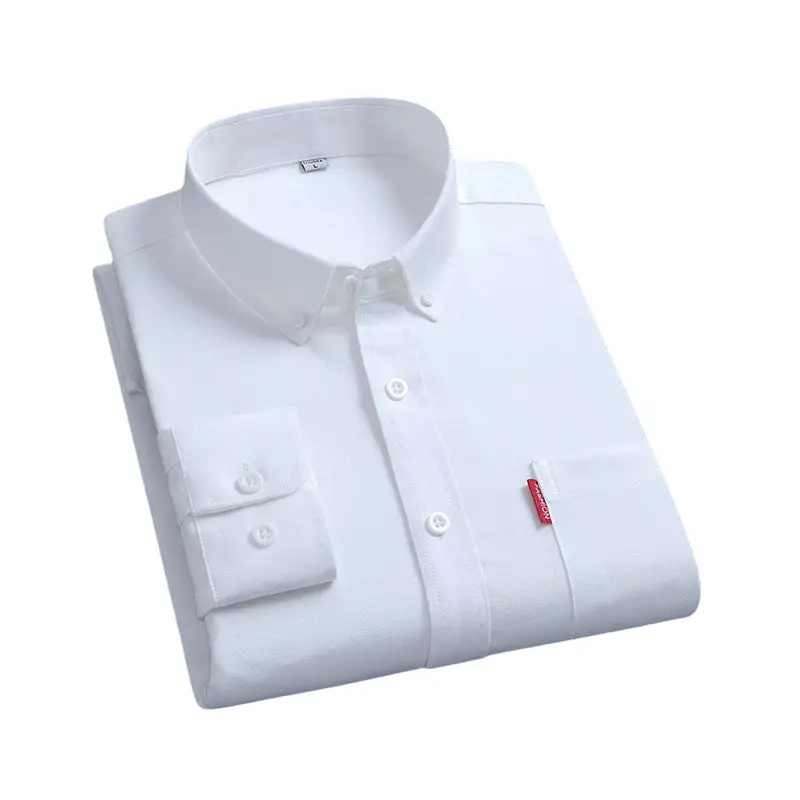 Men's White Oxford Long Sleeve Shirt with Red Brand Tag - Image 26