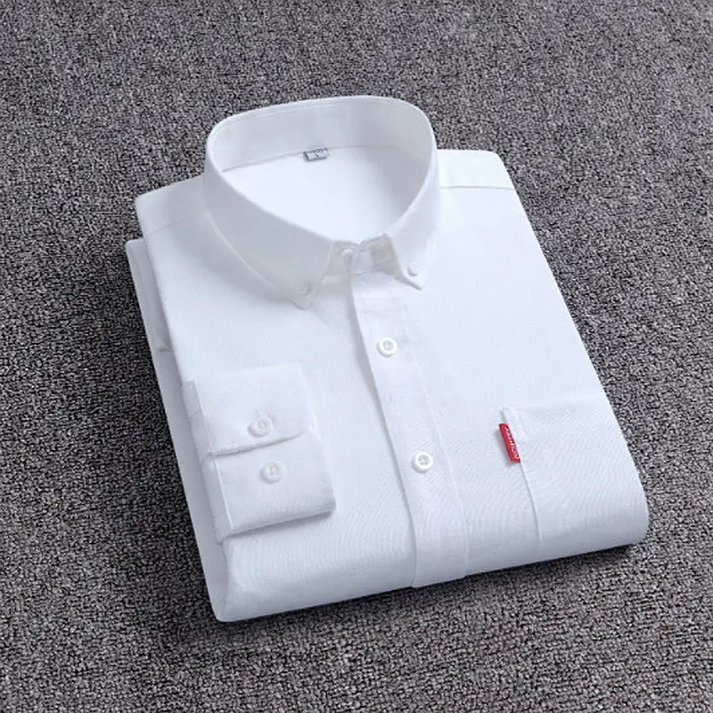 Men's White Oxford Long Sleeve Shirt with Red Brand Tag - Image 19