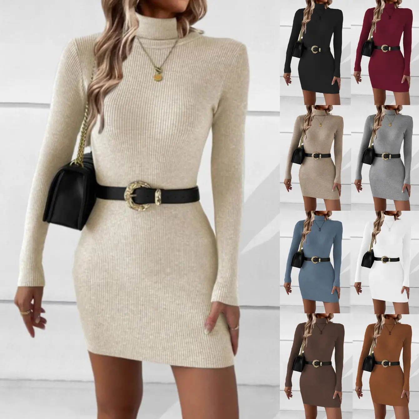 Women's Knitted Hip-Cover High-Neck Dress