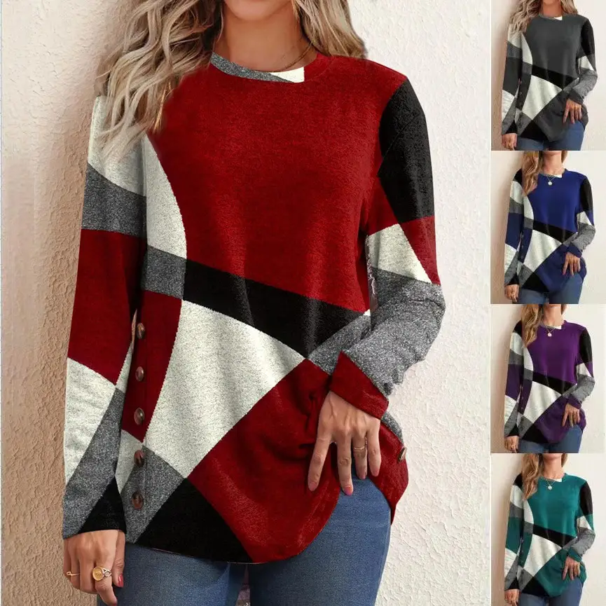 2025 Women's Blue Grey Black Patchwork Long Sleeve T-Shirt - Image 6