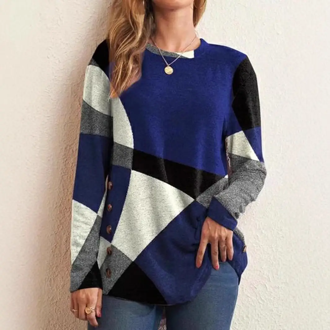 2025 Women's Blue Grey Black Patchwork Long Sleeve T-Shirt - Image 7