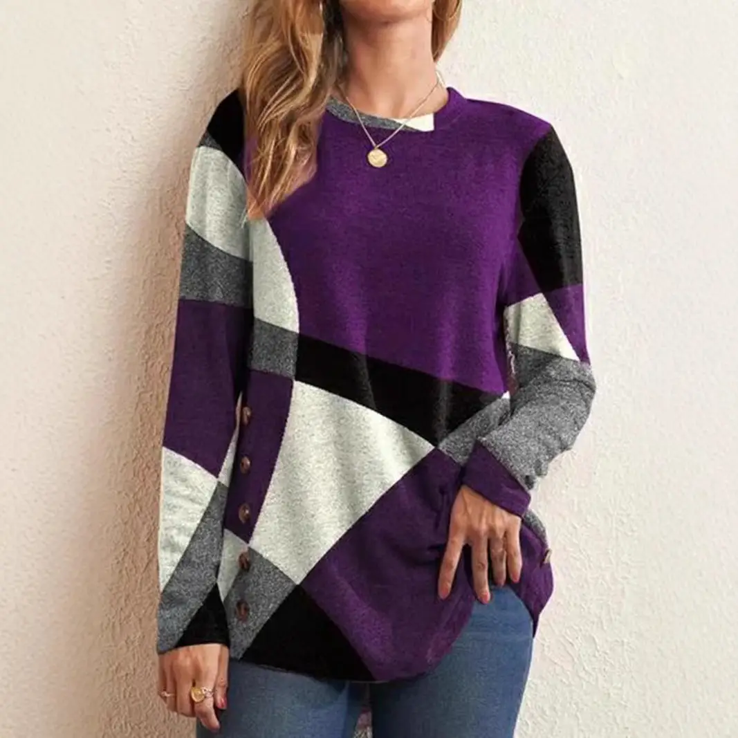 2025 Women's Blue Grey Black Patchwork Long Sleeve T-Shirt - Image 8