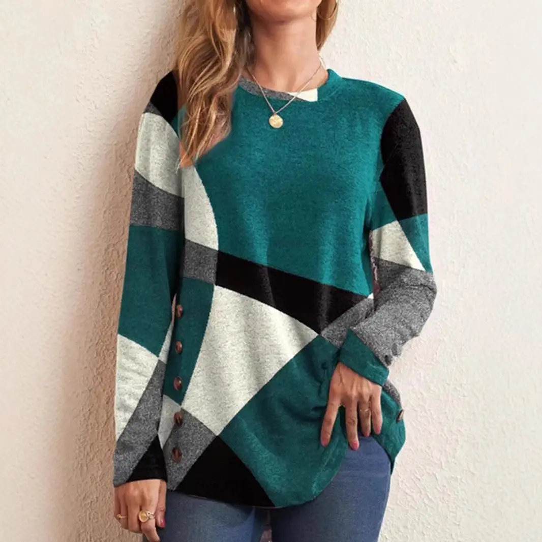 2025 Women's Blue Grey Black Patchwork Long Sleeve T-Shirt - Image 9