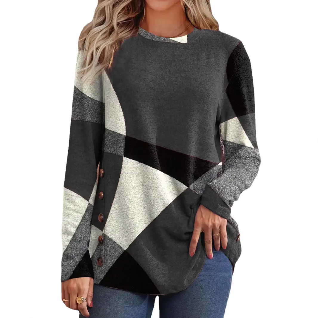 2025 Women's Blue Grey Black Patchwork Long Sleeve T-Shirt - Image 10