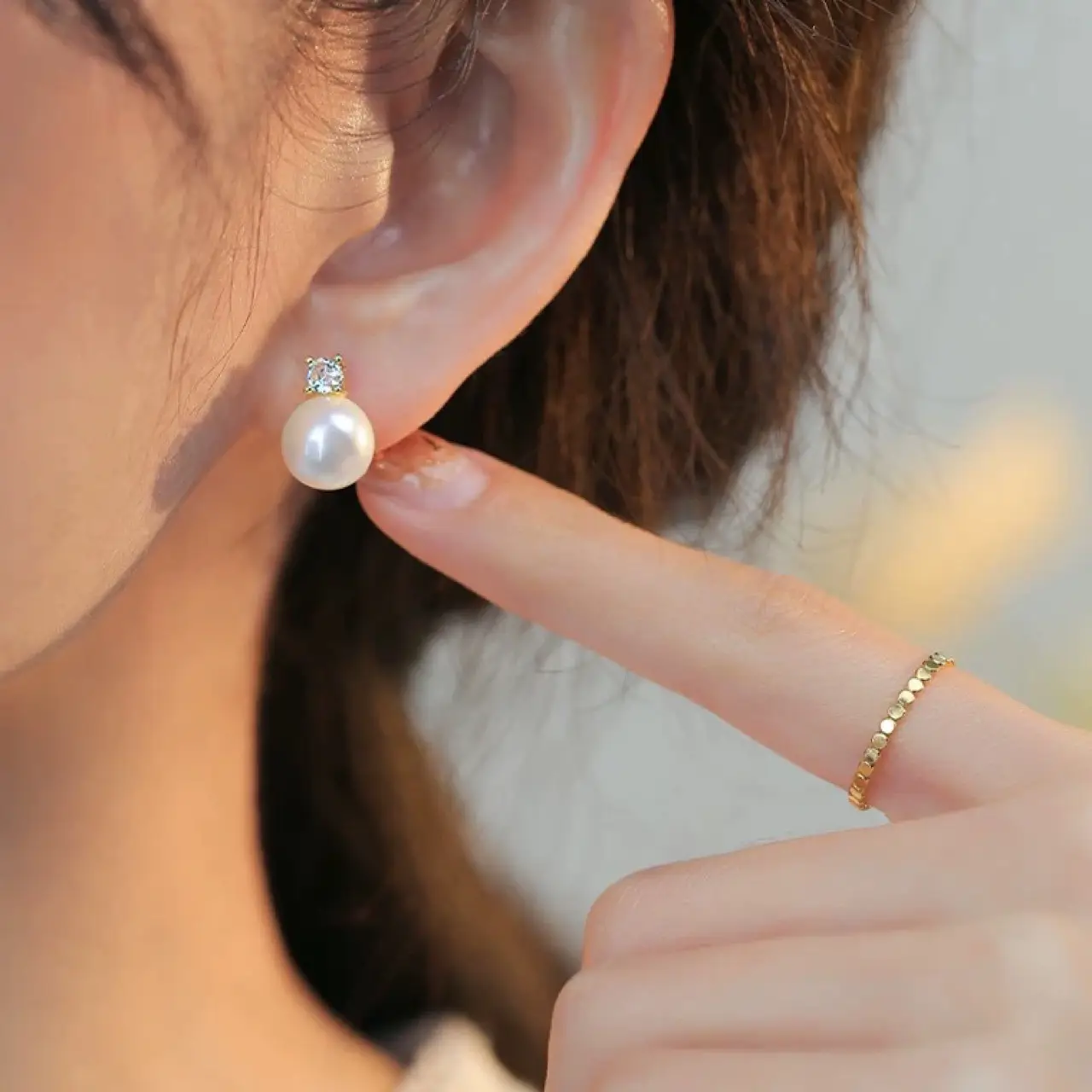 Classic Pearl Earrings with Diamond Top - Image 2