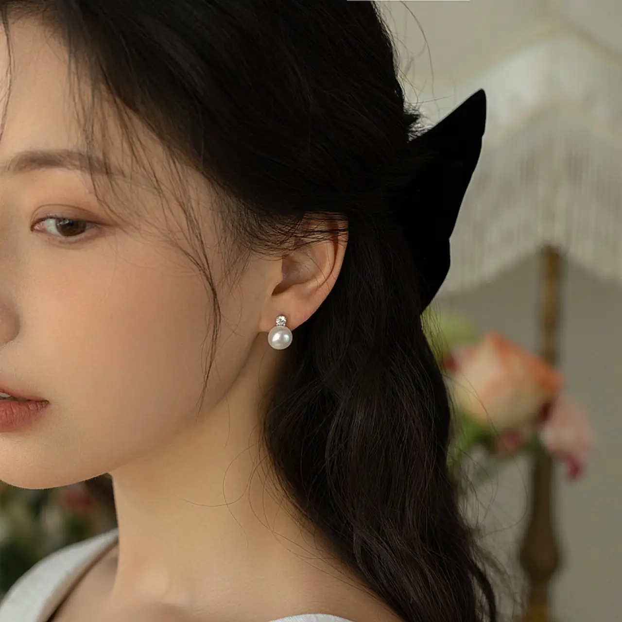 Classic Pearl Earrings with Diamond Top — feature 6