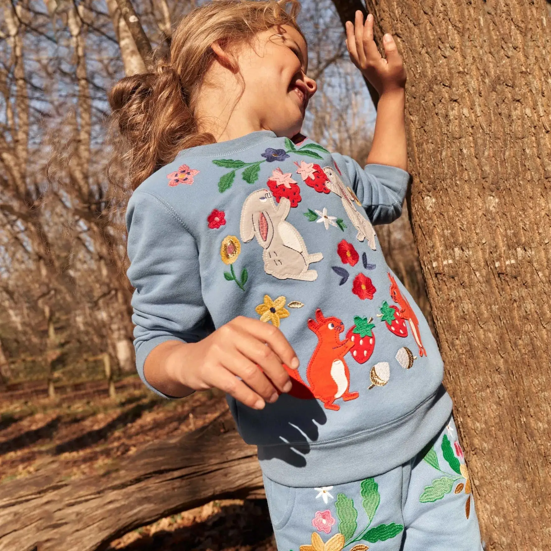 Girls Light Blue Embroidered Sweatshirt Set for Girls