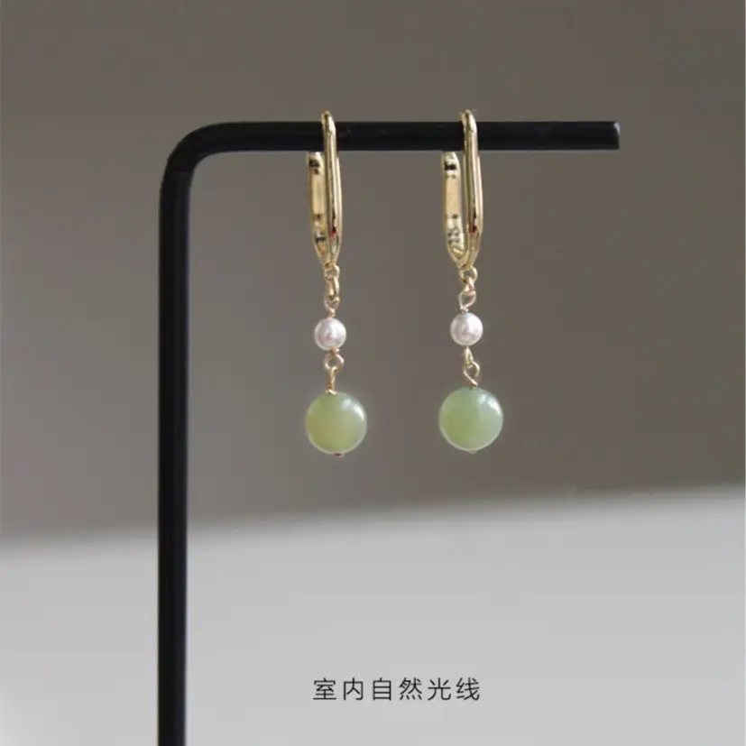 Natural Hetian Jade 8mm Ear Hooks Earrings - Image 4