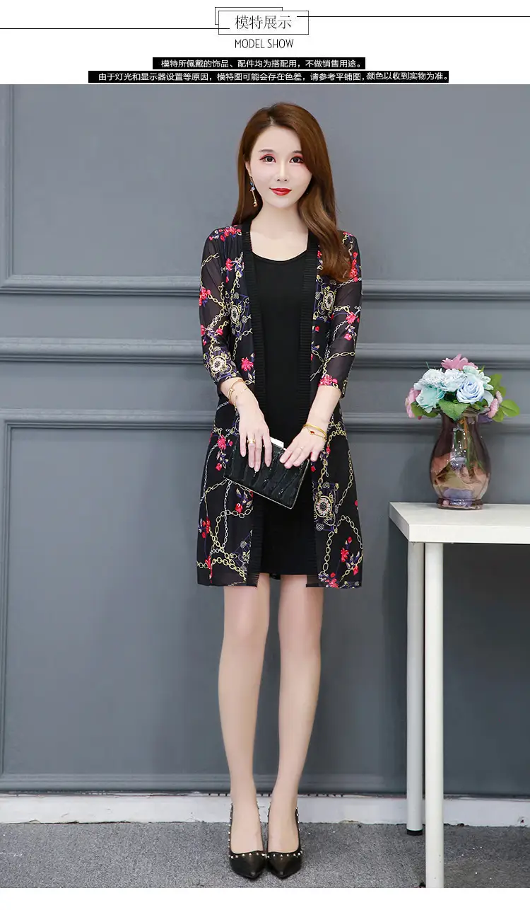 Women's Black Floral Lace Sunscreen Mid-Length Shawl Top Mesh Cardigan — feature 12