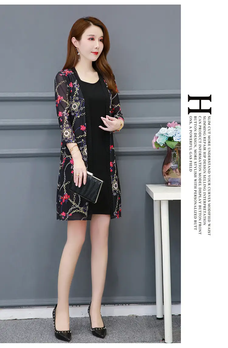 Women's Black Floral Lace Sunscreen Mid-Length Shawl Top Mesh Cardigan — feature 14