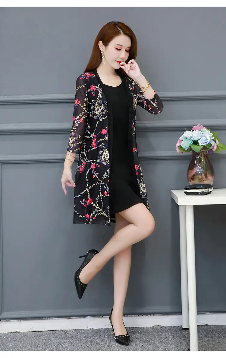 Women's Black Floral Lace Sunscreen Mid-Length Shawl Top Mesh Cardigan — feature 15