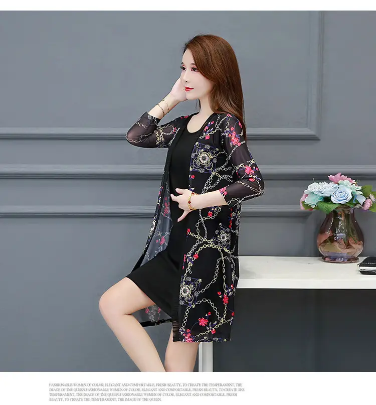 Women's Black Floral Lace Sunscreen Mid-Length Shawl Top Mesh Cardigan — feature 16