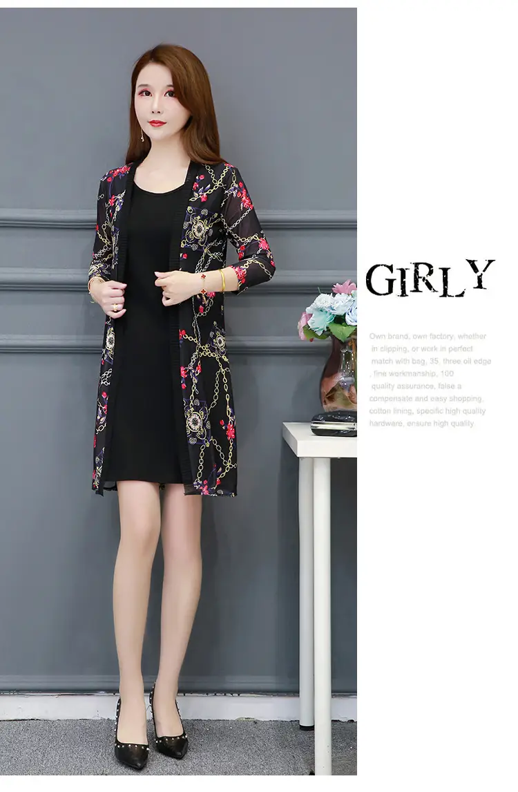 Women's Black Floral Lace Sunscreen Mid-Length Shawl Top Mesh Cardigan — feature 17