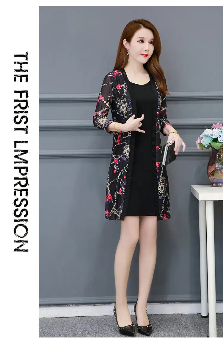 Women's Black Floral Lace Sunscreen Mid-Length Shawl Top Mesh Cardigan — feature 18