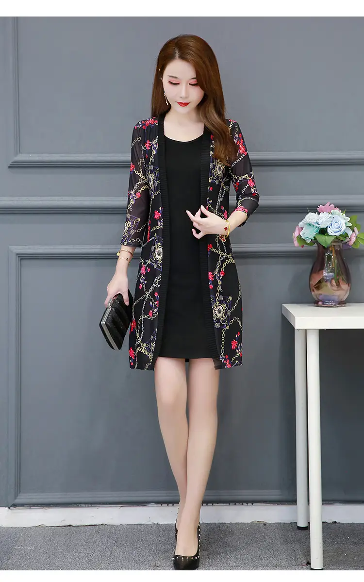 Women's Black Floral Lace Sunscreen Mid-Length Shawl Top Mesh Cardigan — feature 19