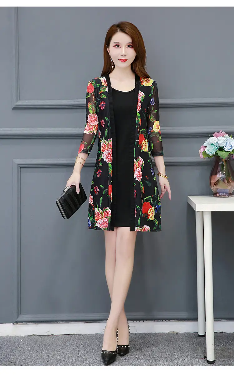 Women's Black Floral Lace Sunscreen Mid-Length Shawl Top Mesh Cardigan — feature 20
