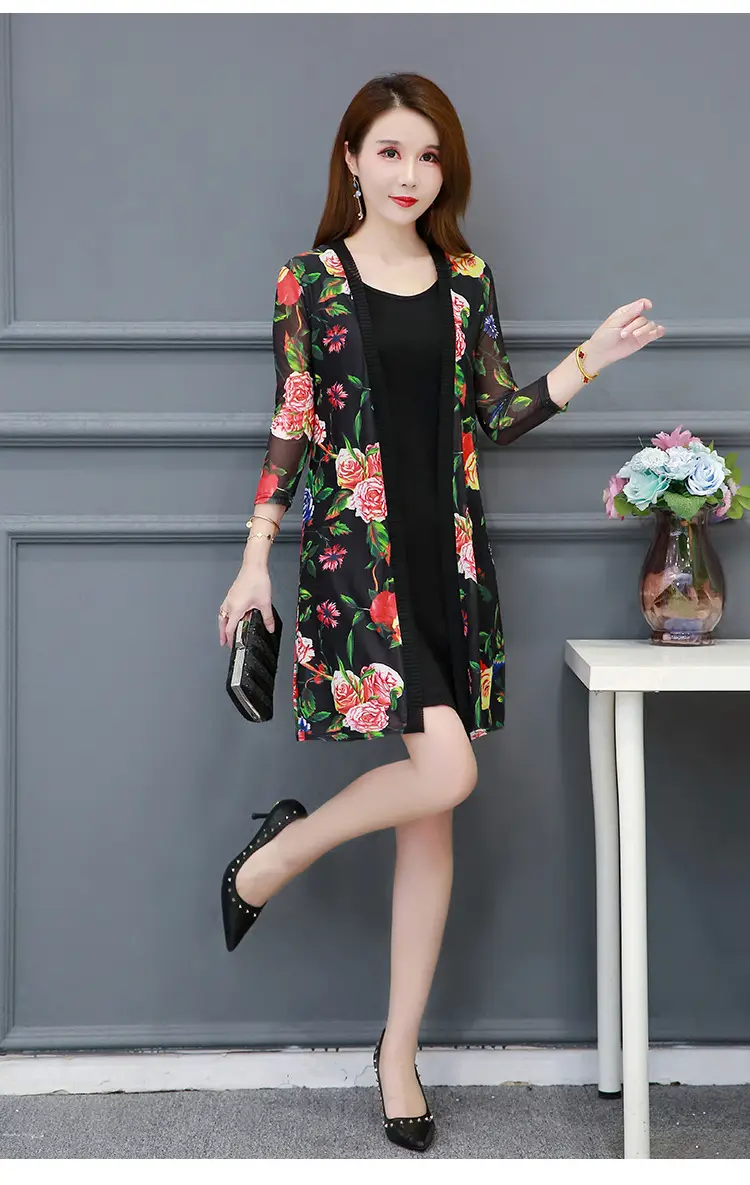 Women's Black Floral Lace Sunscreen Mid-Length Shawl Top Mesh Cardigan — feature 23
