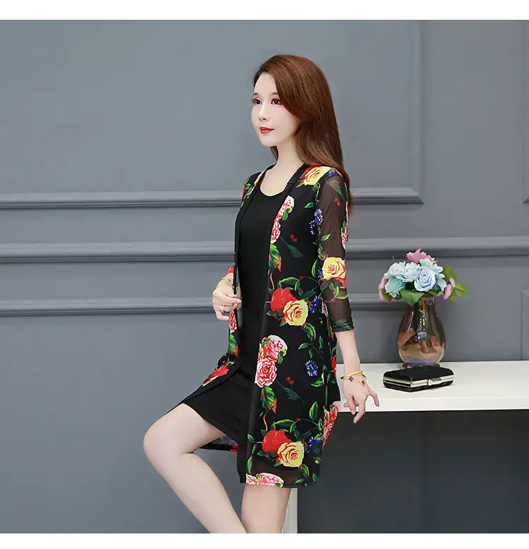 Women's Black Floral Lace Sunscreen Mid-Length Shawl Top Mesh Cardigan — feature 24