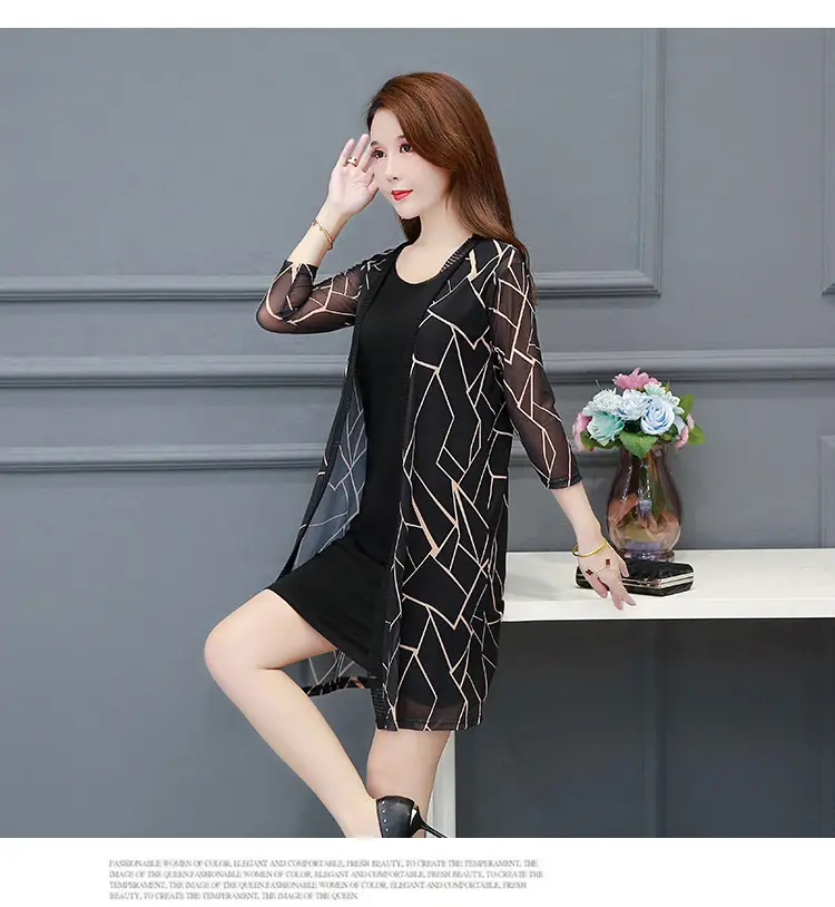 Women's Black Floral Lace Sunscreen Mid-Length Shawl Top Mesh Cardigan — feature 32