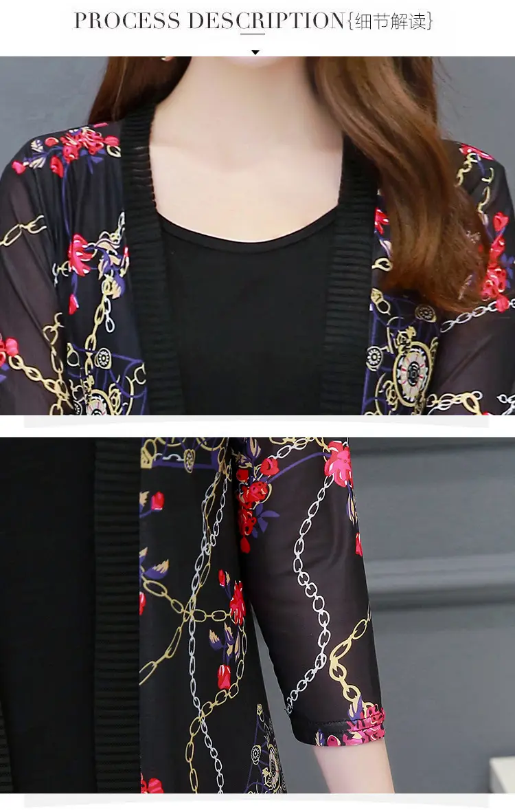 Women's Black Floral Lace Sunscreen Mid-Length Shawl Top Mesh Cardigan — feature 38