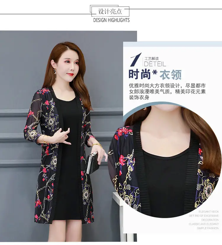 Women's Black Floral Lace Sunscreen Mid-Length Shawl Top Mesh Cardigan — feature 6