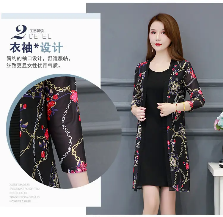 Women's Black Floral Lace Sunscreen Mid-Length Shawl Top Mesh Cardigan — feature 7
