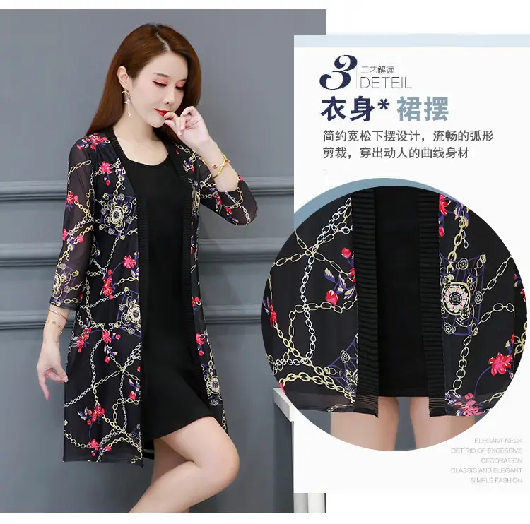 Women's Black Floral Lace Sunscreen Mid-Length Shawl Top Mesh Cardigan — feature 8