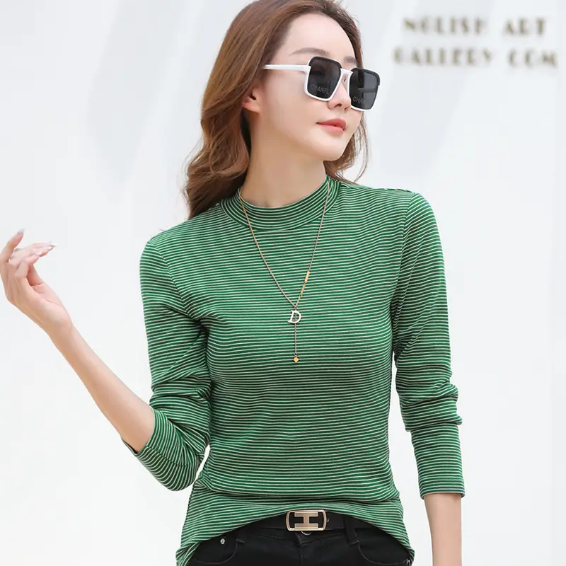 Women Green Striped Mock High Collar Top