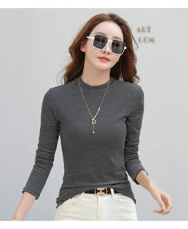 Women Green Striped Mock High Collar Top — feature 10