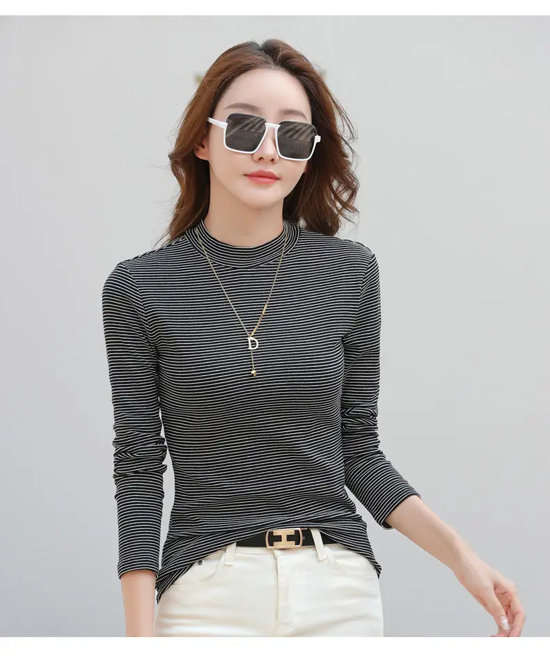 Women Green Striped Mock High Collar Top — feature 12