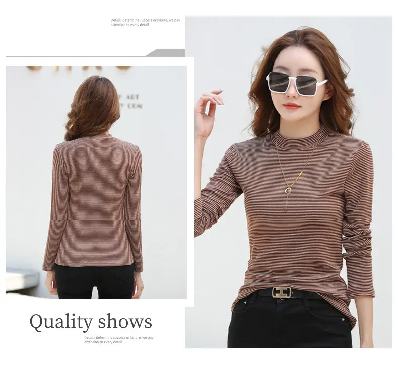 Women Green Striped Mock High Collar Top — feature 13