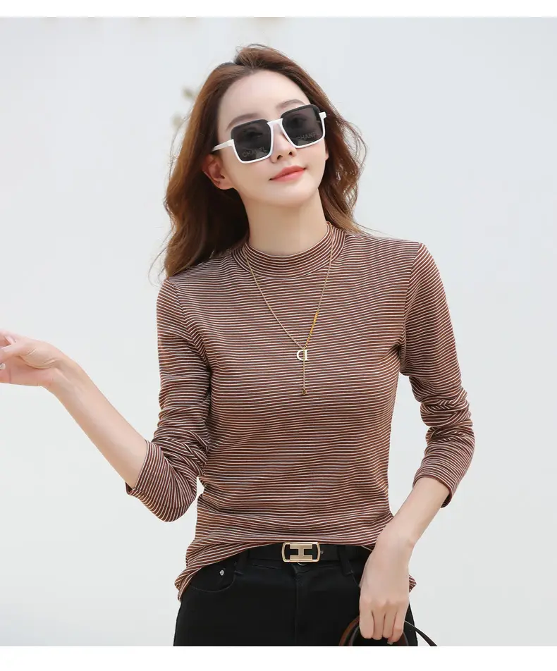 Women Green Striped Mock High Collar Top — feature 14