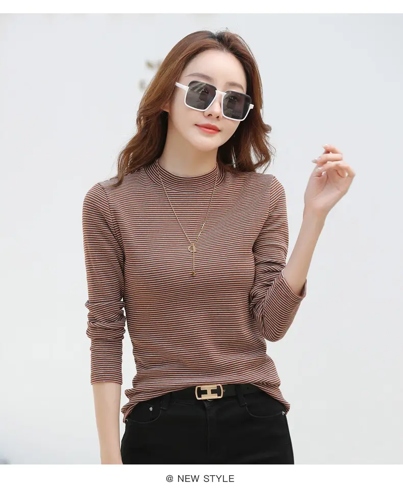 Women Green Striped Mock High Collar Top — feature 15