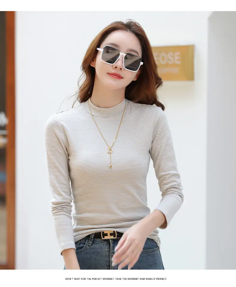 Women Green Striped Mock High Collar Top — feature 21