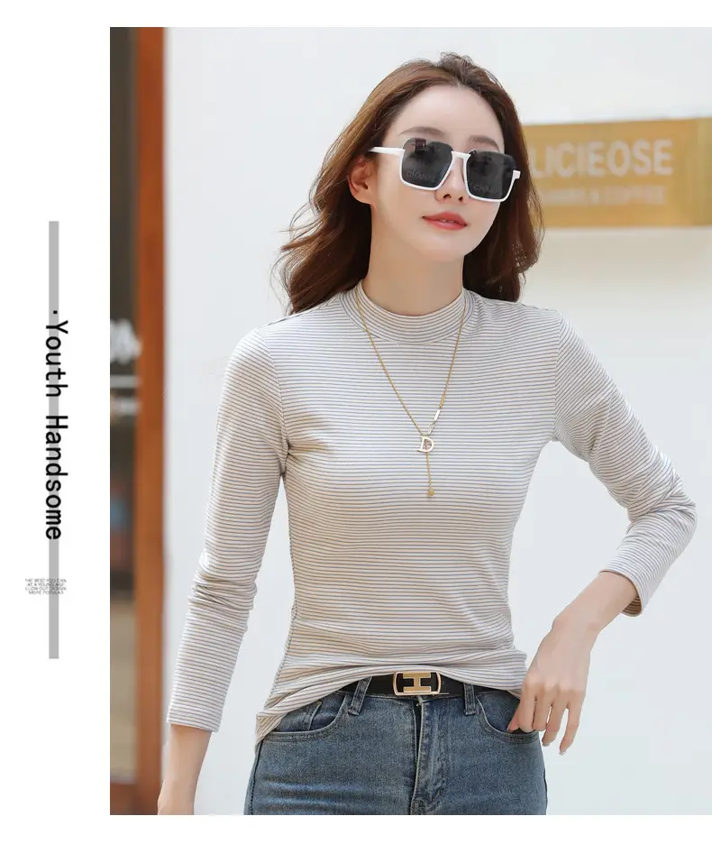 Women Green Striped Mock High Collar Top — feature 22