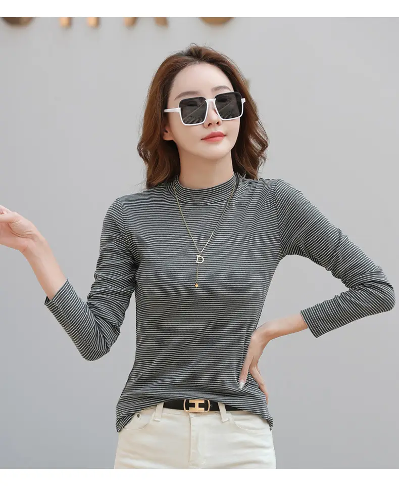 Women Green Striped Mock High Collar Top — feature 25