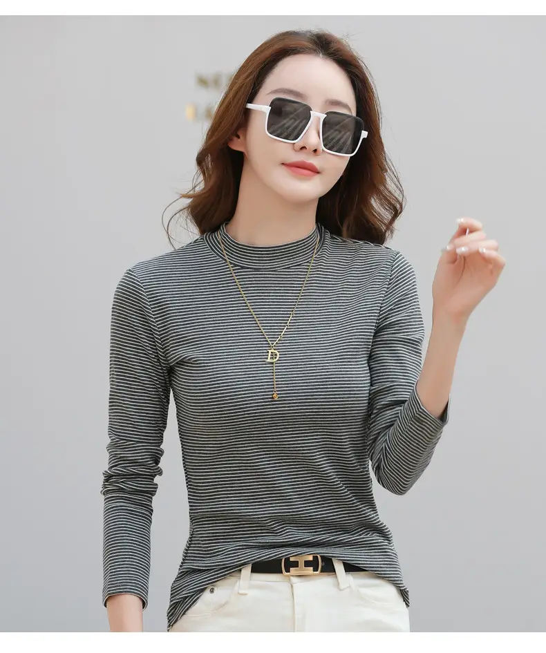 Women Green Striped Mock High Collar Top — feature 27