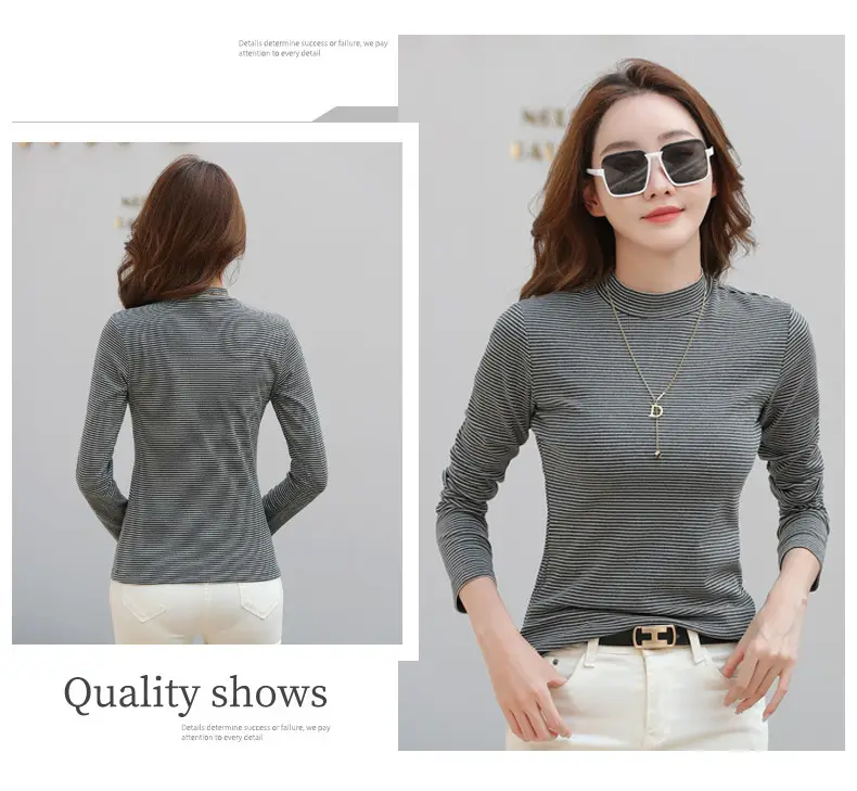Women Green Striped Mock High Collar Top — feature 28