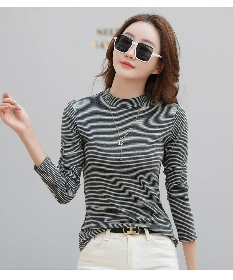 Women Green Striped Mock High Collar Top — feature 29