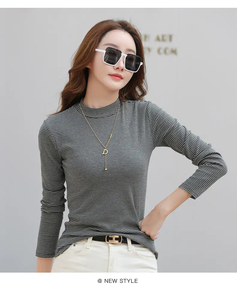 Women Green Striped Mock High Collar Top — feature 30