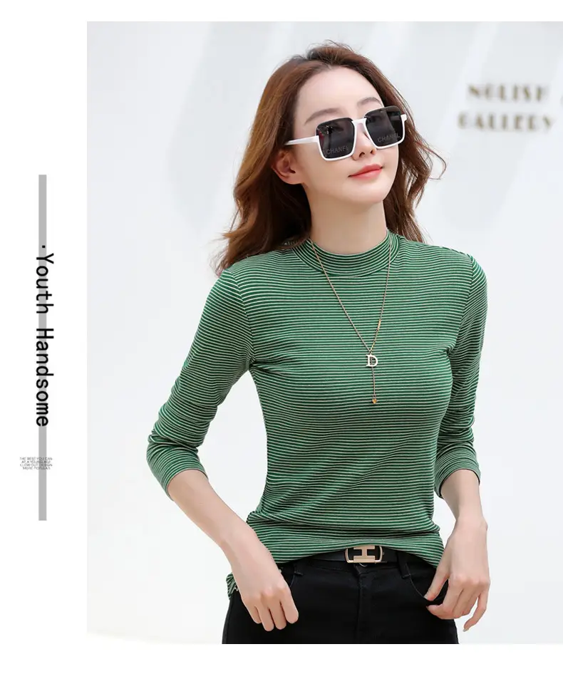 Women Green Striped Mock High Collar Top — feature 31