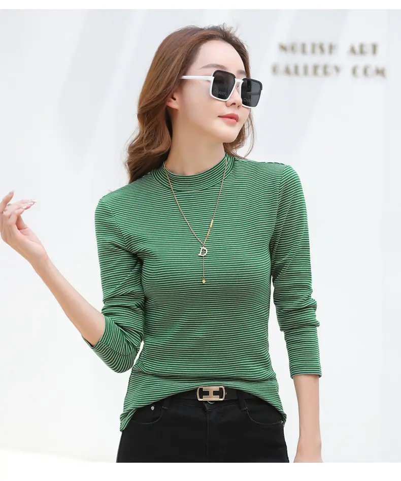 Women Green Striped Mock High Collar Top — feature 32