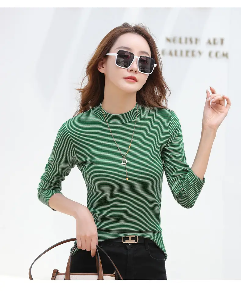 Women Green Striped Mock High Collar Top — feature 33