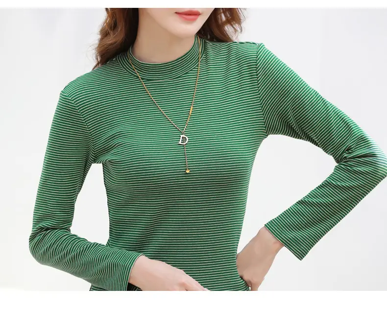 Women Green Striped Mock High Collar Top — feature 34