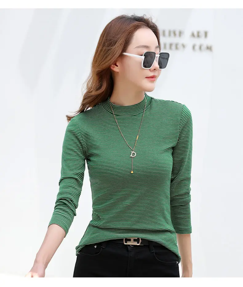 Women Green Striped Mock High Collar Top — feature 35