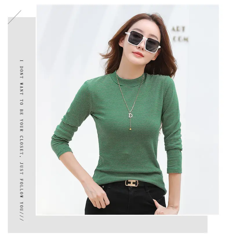 Women Green Striped Mock High Collar Top — feature 36