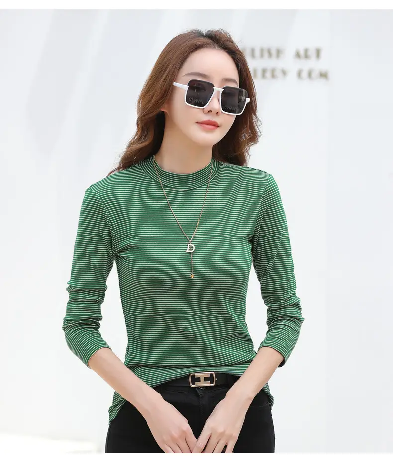 Women Green Striped Mock High Collar Top — feature 38