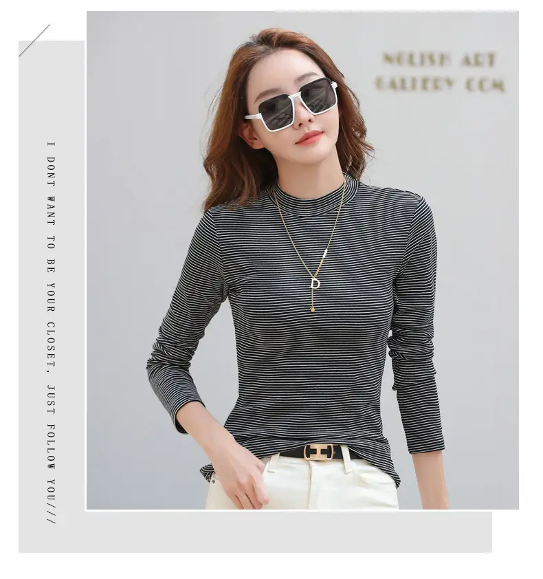 Women Green Striped Mock High Collar Top — feature 7